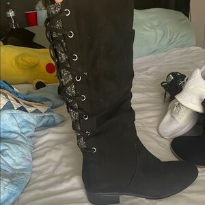 Black Lace-Up Knee-High Boots